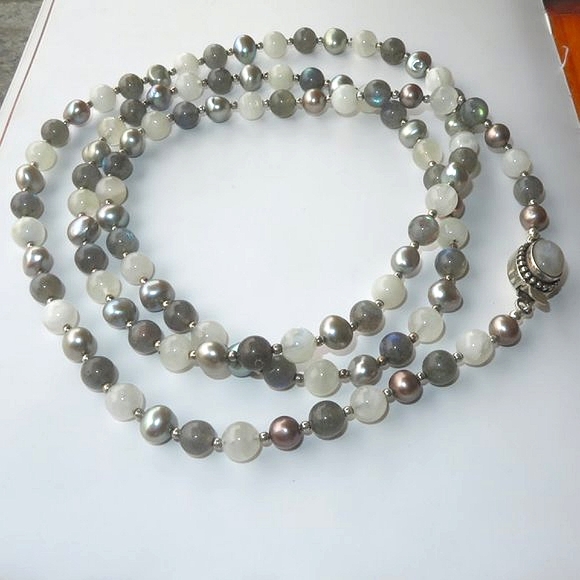 Stunning Extra LONG Moonstone Labradorite Pearl Sterling Silver Necklace - Picture 6 of 16